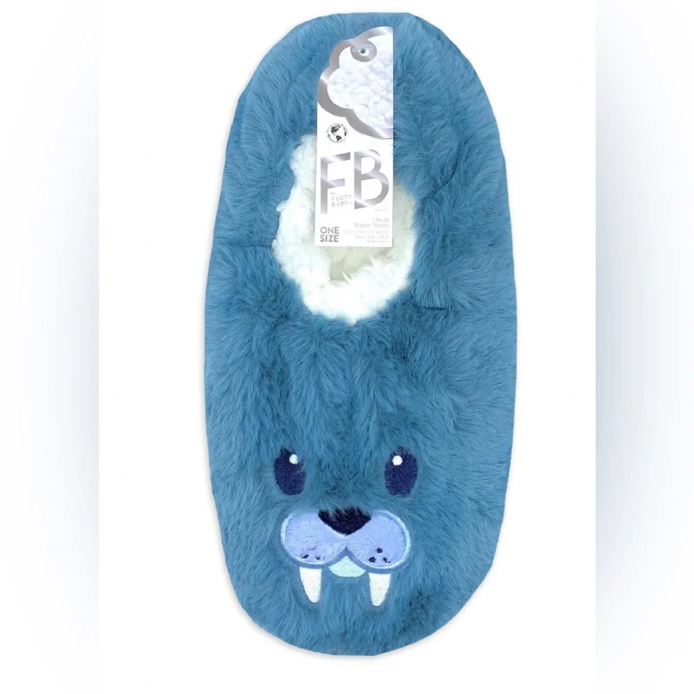 Fuzzy Babba sherpa blue faux fur gripper house Slipper Sock boot bootie one size
